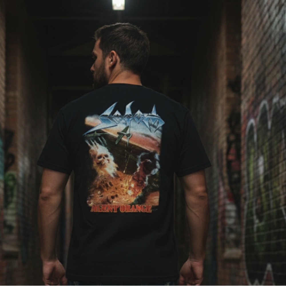 Black Graphic Men's T-Shirt / Size L  Printed front and back Agent Orange Rock